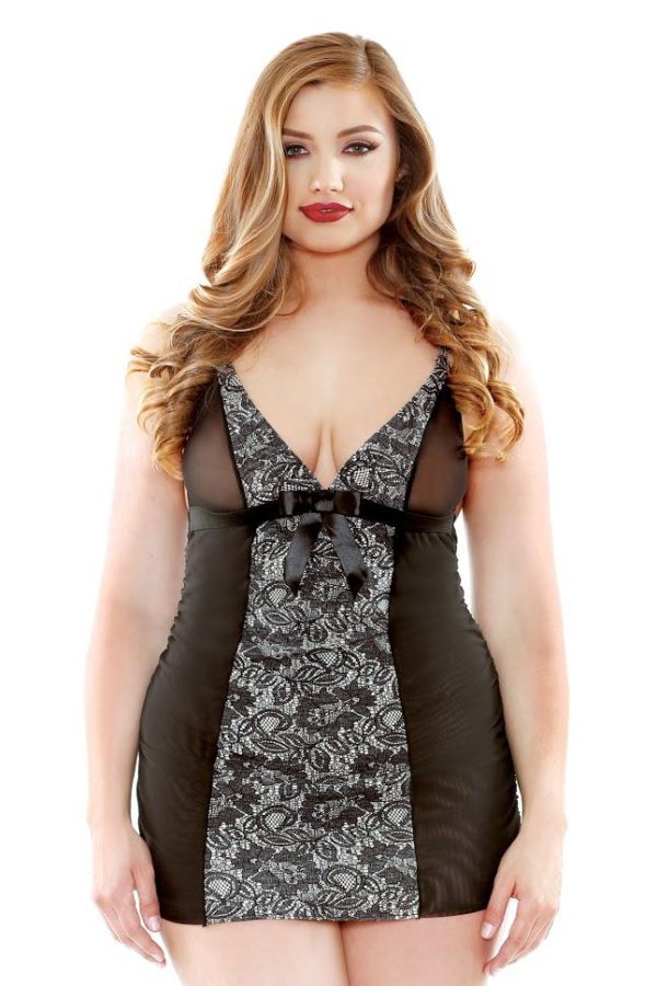 Curve - Dark Floral Panel Chemise & Matching G-string (3X/4X)
