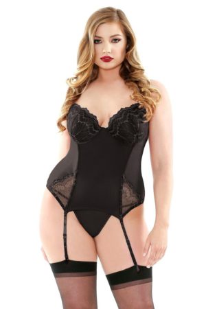 Curve - Metallic Embroidered Bustier With Matching G-string - Black (1X/2X)